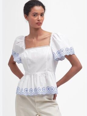 Barbour JOY Top - White with Blue Eyelet Embroidery